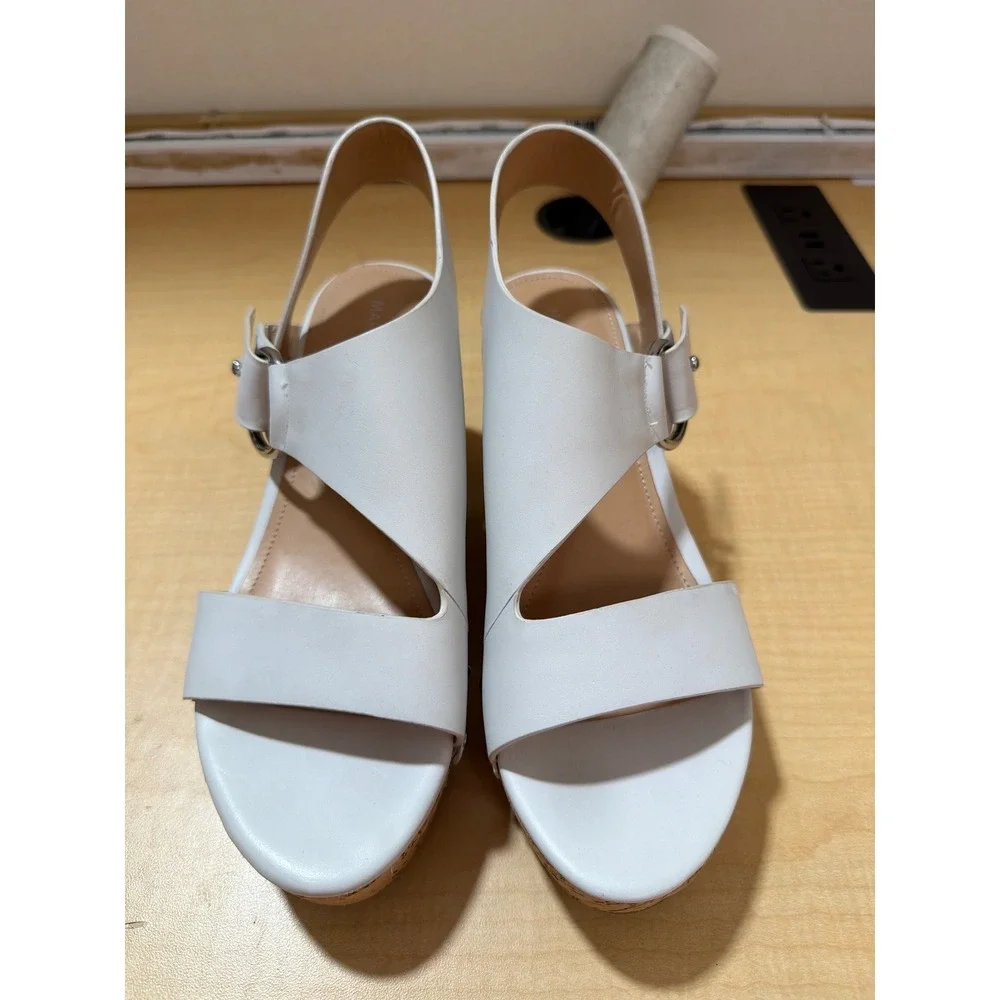 Marc Fisher White Leather Cork Platform Wedge Sandals Silver Studs Womens 7.5M